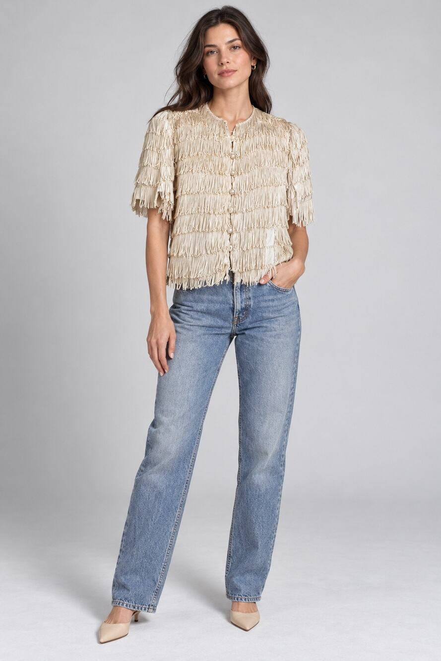 Antique 1930s Ivory Tiered Fringe Jacket Pearl Button Art Deco Size 14
